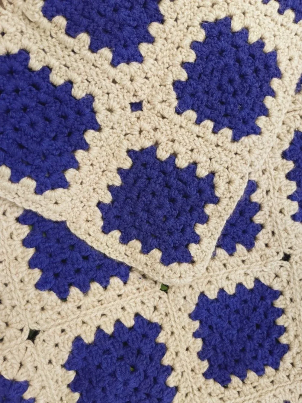 Handmade Heavy Crotchet Granny Square Afghan Blanket 84 x 63 Navy Blue Beige